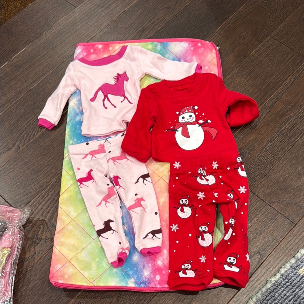 American Girl Doll Holiday Snowman Red Pajama Set & Pink Unicorn Pajama Set